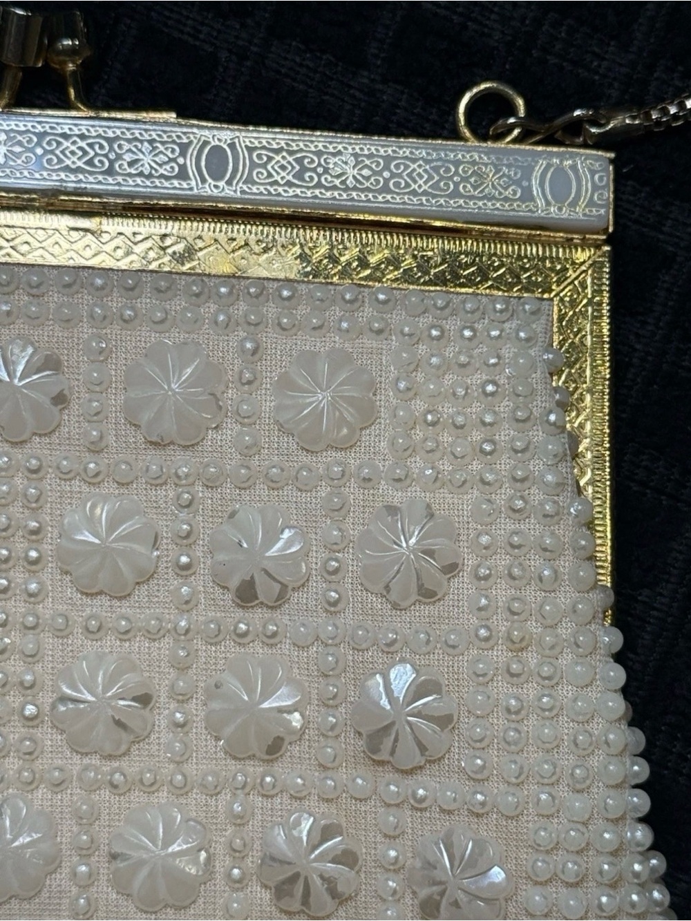 Vintage Evening Bag Ivory Raised Floral Daisies
Shimmery Purse 7x6 Ornate Frame - Picture 3 of 8
